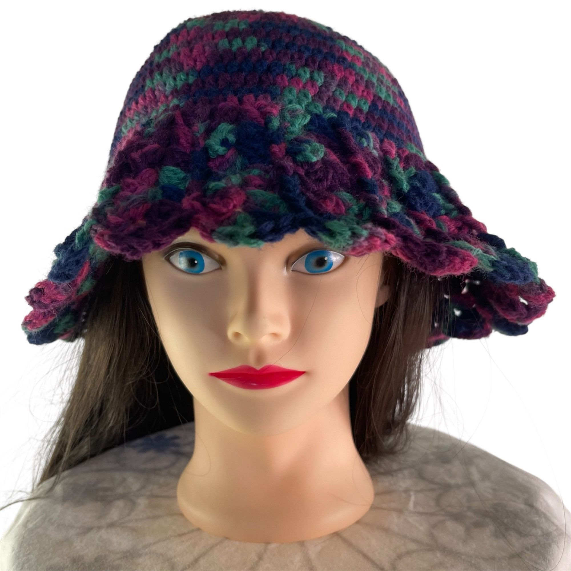 Handmade Crochet Cloche Bucket Hat Purple Pink Green Wine Retro Style Size ONE SIZE - 2 Thumbnail