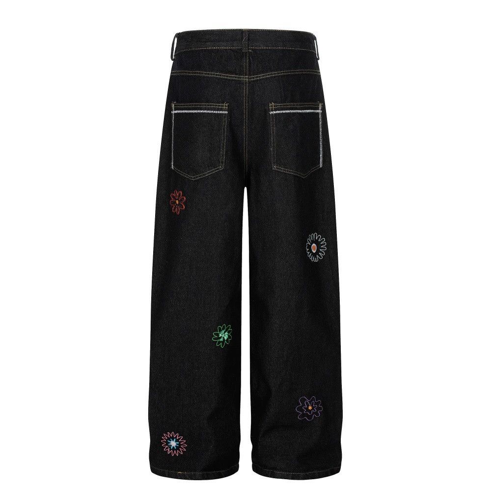 Jean Men's trendy loose casual floral embroidered straight jeans Size US 32 / EU 48 - 2 Thumbnail