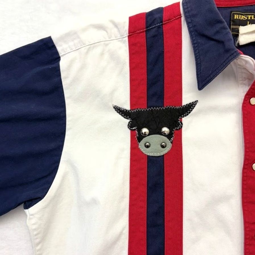 Wrangler VINTAGE Rustler Pearl Snap Red White Blue Western Shirt Embroidered Bull Size L Mens Short Sleeve Ranch Wrangler Size US L / EU 52-54 / 3 - 4 Thumbnail