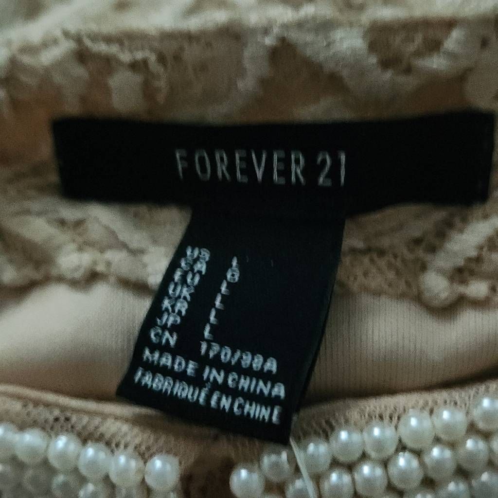 Forever 21 Forever 21 Women's Size Large Beige Pearl Beaded Lace A-Line Dress Size L / US 10 / IT 46 - 2 Thumbnail