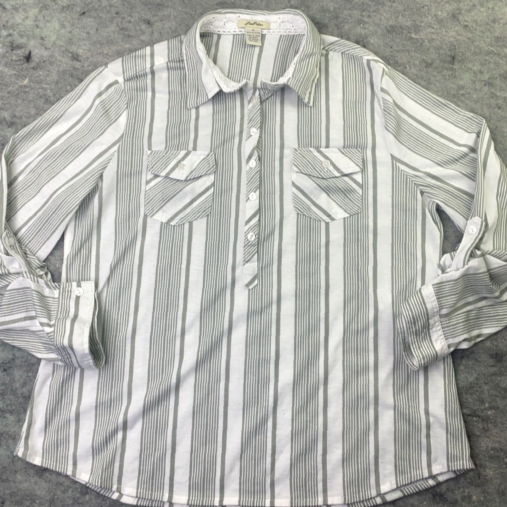 Vintage Love Potion Shirt Women's Tunic XL Gray Striped Long Sleeve Polo Pocket Button Collared Classic/Fitted Sleeve Size XL / US 12-14 / IT 48-50 - 2 Thumbnail