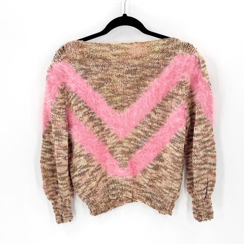 Handmade Vintage hand knit pink brown chevron sweater size S Size S / US 4 / IT 40 - 2 Thumbnail