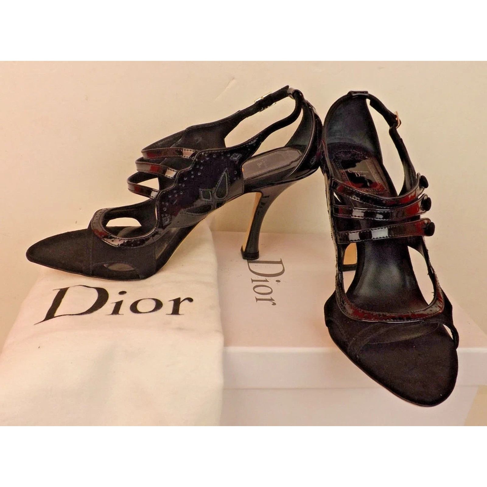 Dior DIOR BLACK PATENT LEATHER SUEDE STRAPY HEEL PUMPS SANDALS 41 Size US 11 / IT 41 - 2 Thumbnail