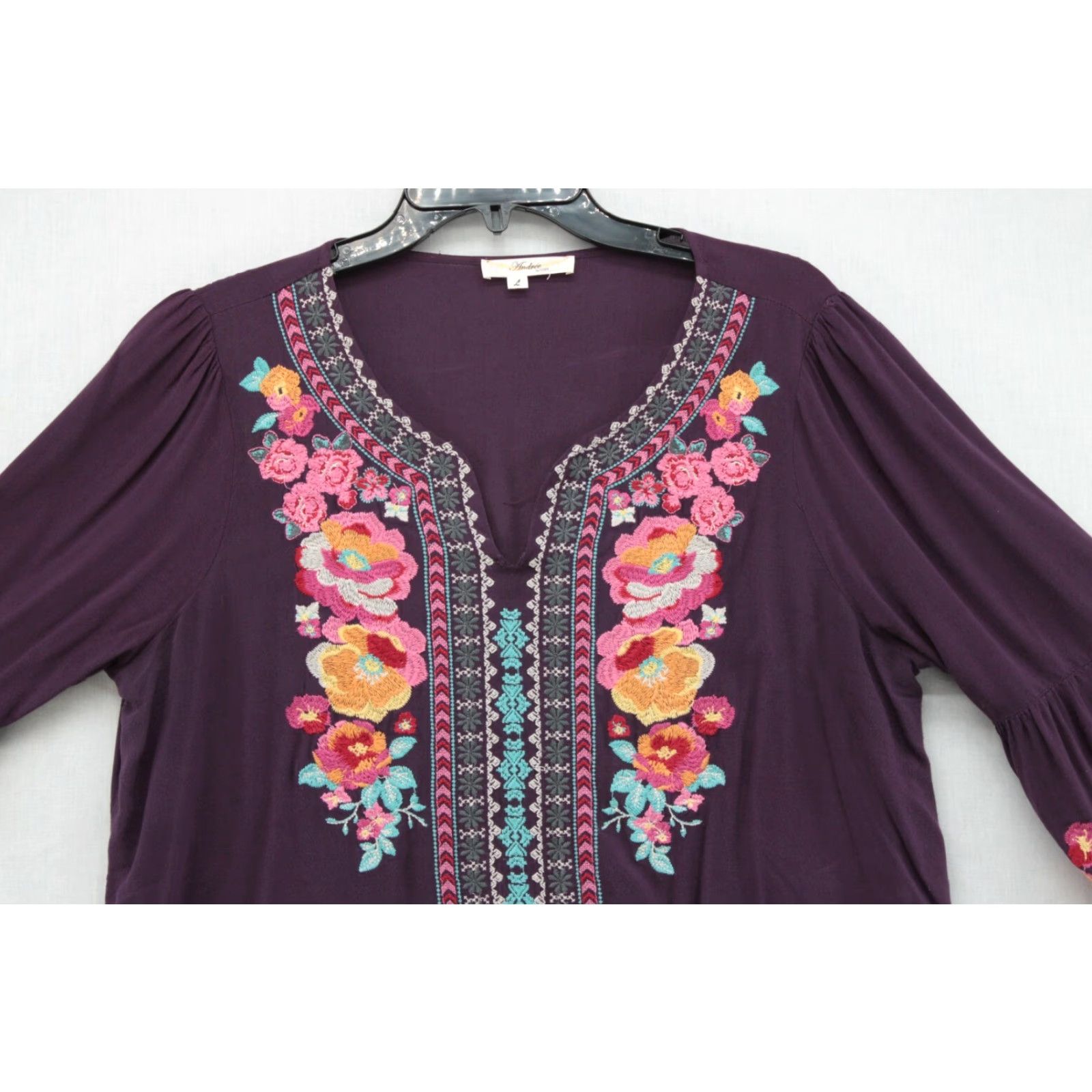 Vintage Andree By Unit Blouse Womens Large Purple Embroidered Boho Bell Sleeve Hippie Size L / US 10 / IT 46 - 5 Thumbnail