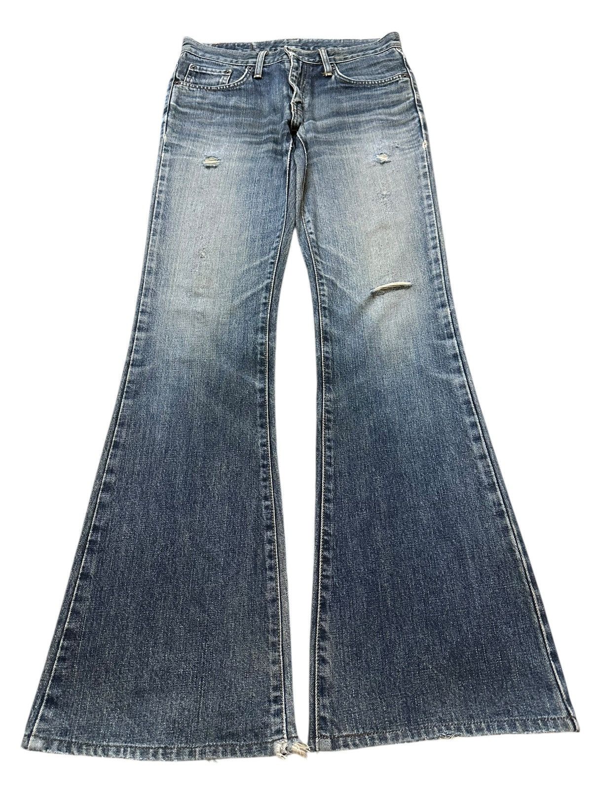 Edwin Vintage Edwin 400 Blue Faded Wash Distress Flare Jeans Size US 30 / EU 46 - 1 Thumbnail