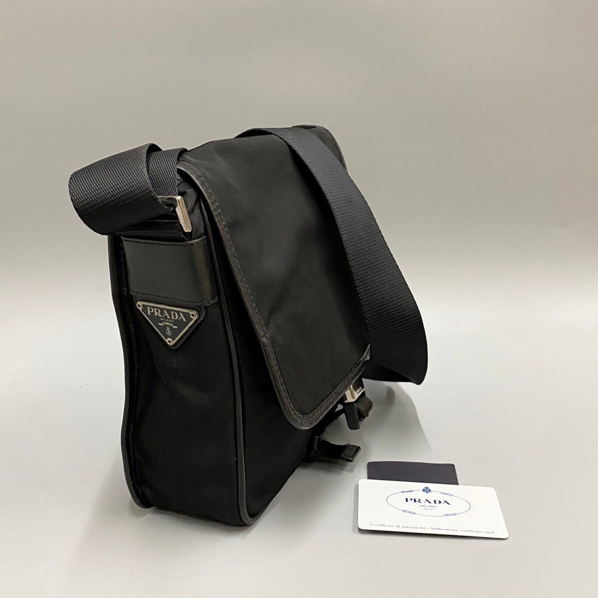 image of Prada Triangle Logo Metal Fittings Nylon Leather Genuine Mini Shoulder Bag Pochette Black, Women's