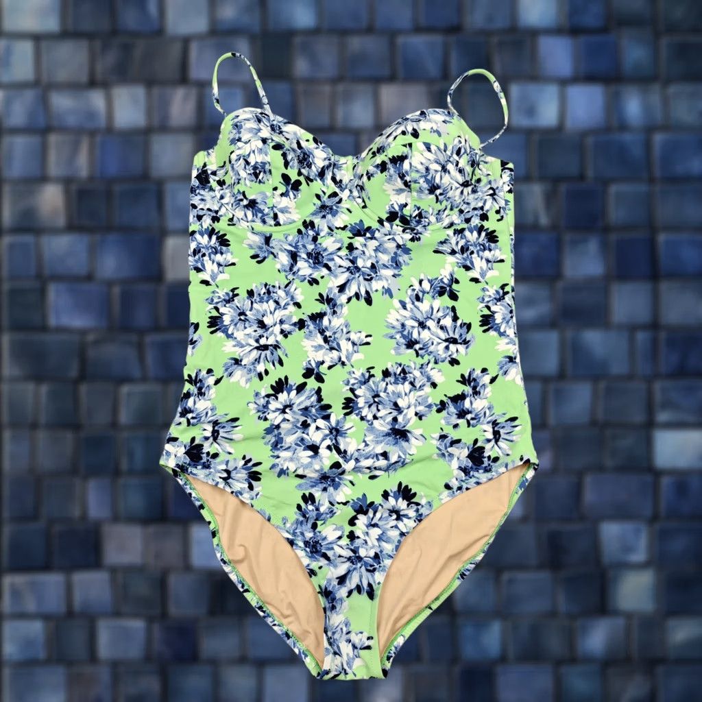 J.Crew J.Crew Womens 14 Green Floral One Piece Padded Spaghetti Straps A8781 Size ONE SIZE - 1 Thumbnail