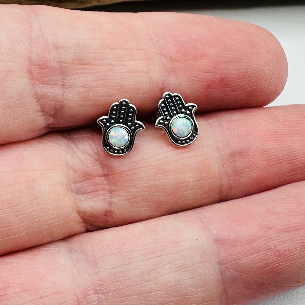 The Unbranded Brand Hamsa Lab Opal Sterling Silver Stud Earrings Size ONE SIZE - 4 Thumbnail