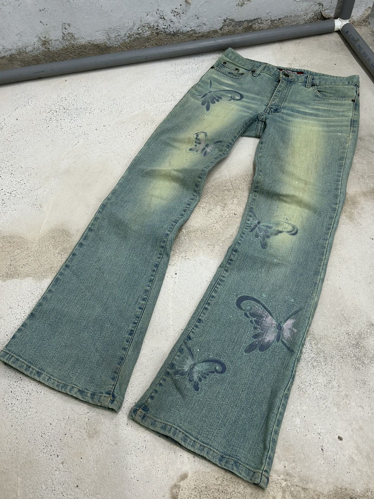 GOSTAR DE FUGA × Japanese Brand Interlow Unisex Jean Flare Mud Light Art Butterfly Paint Size US 29 - 3 Thumbnail