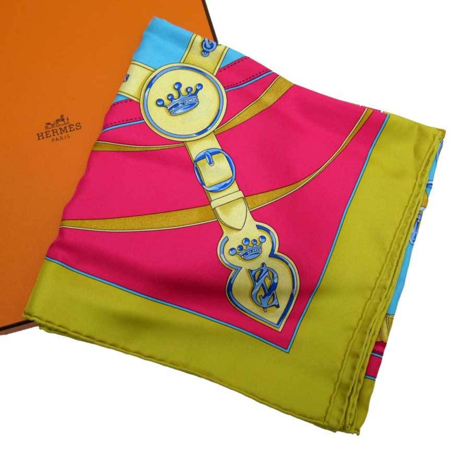 image of Hermes Scarf Carre 90 La Promenade Du Matin Morning Walk Blue Gold Pink 100% Silk in Black, Women's