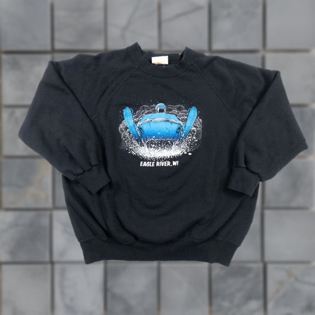 VINTAGE Bassett-Walker Sweatshirt Shirt Adult Large Black Eagle River Wisconsin 90s Logo Mens