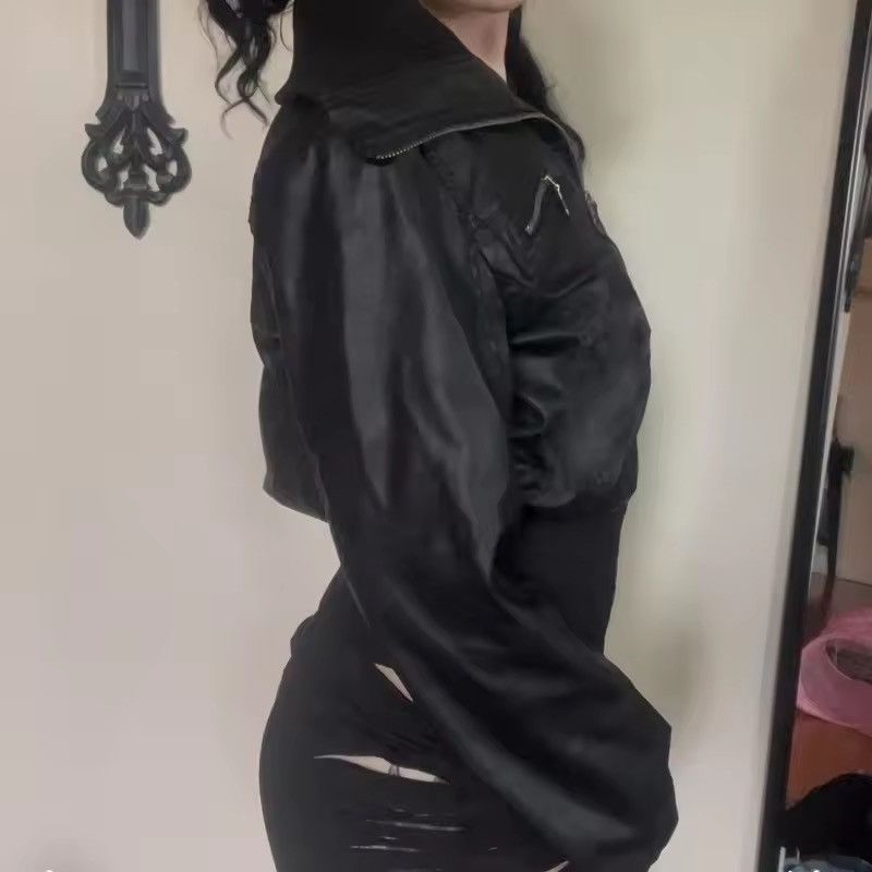Japanese Brand Y2K Black PU Leather Bomber Jacket - Cropped Tight Fit Size M / US 6-8 / IT 42-44 - 4 Thumbnail