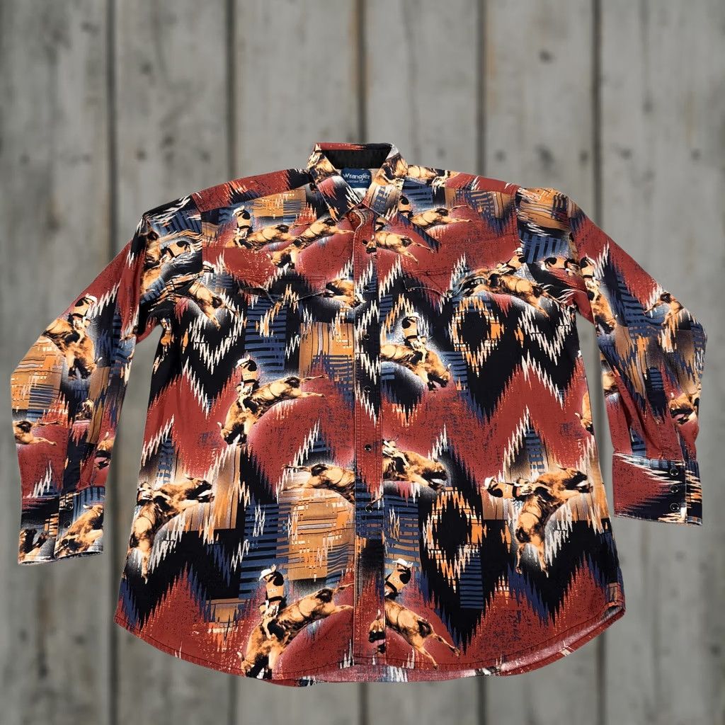 Wrangler VINTAGE Wrangler Shirt Mens XL Red PBR Pearl Snap Western Aztec Bull Riding Cowboy Work Size US XL / EU 56 / 4 - 1 Thumbnail