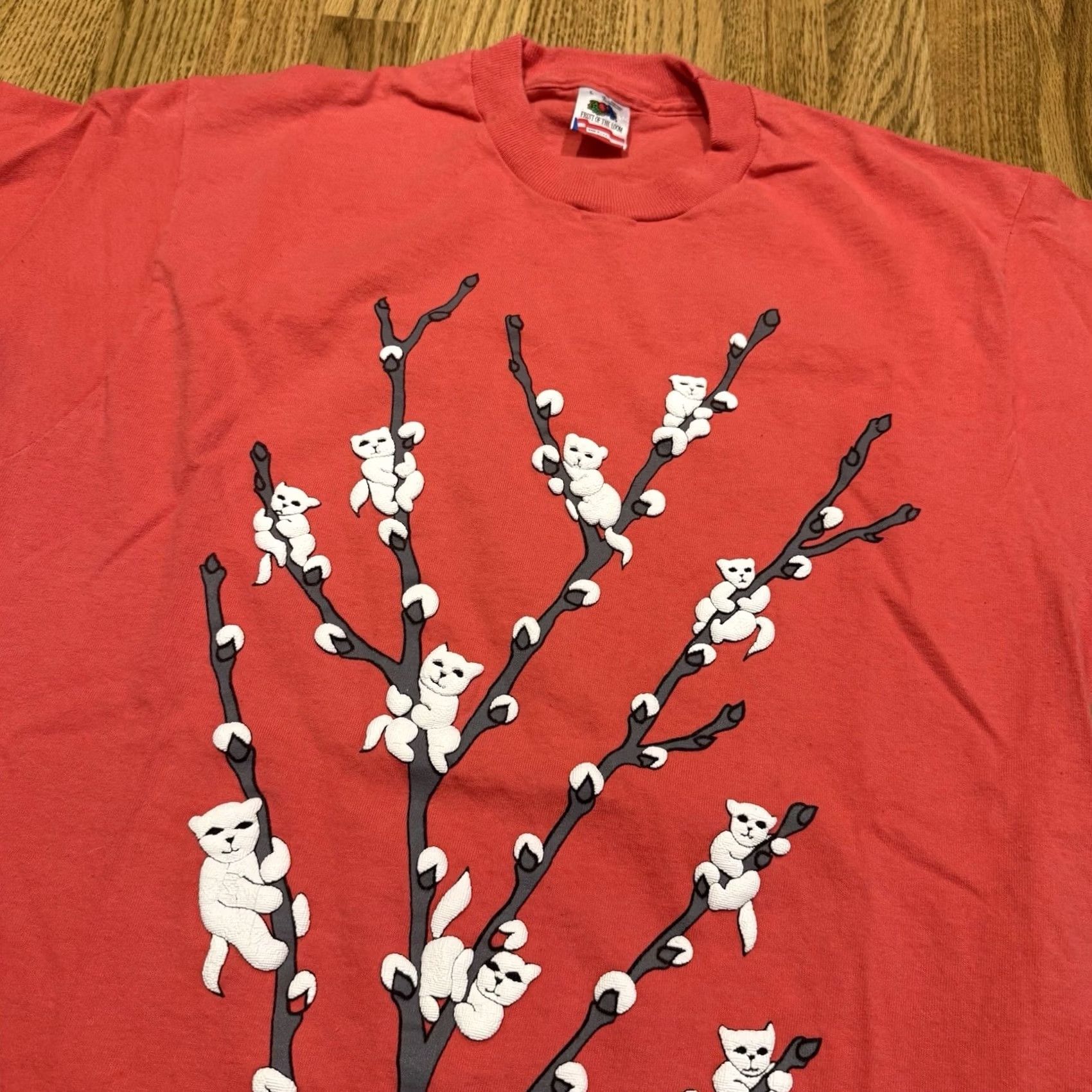 Fruit Of The Loom VINTAGE Cherry Blossom Cat Flowers T Shirt Pink L Kitty Cats 90s Funny Puff Print Fruit of the Loom Womens/Mens? Size L / US 10 / IT 46 - 2 Thumbnail