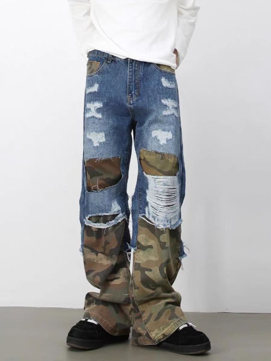 Japanese Brand × Jean Broken hole camouflage splicing micro horn jeans Size US 34 / EU 50 - 1 Thumbnail