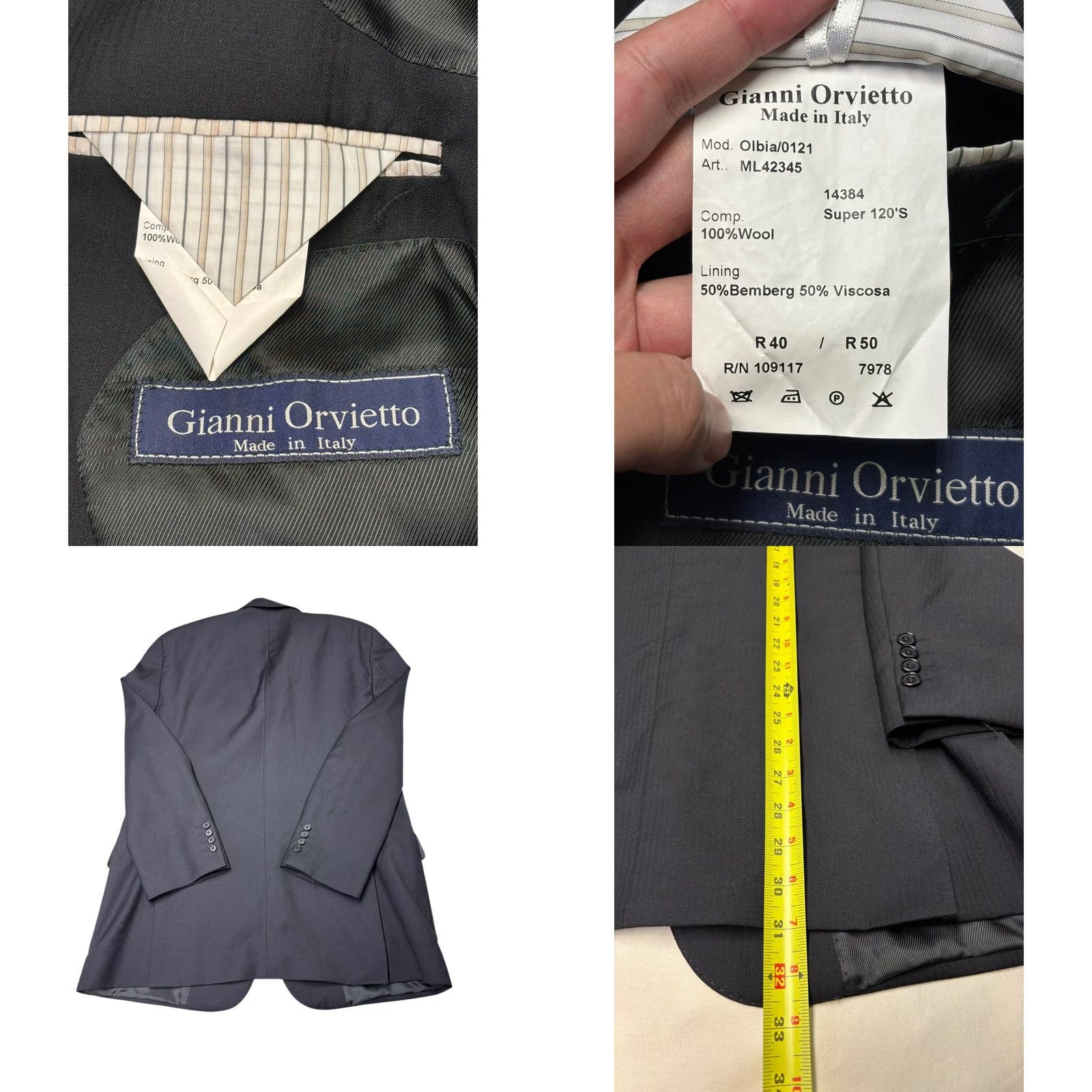 Vintage Gianni Orvietto Blazer Jacket Black Wool 40 R Single-Breasted Notch Lapel 3-Button Vintage No Mens Style 2 Piece Italy Italian Super 120's Herringbone Size 40R - 8 Thumbnail