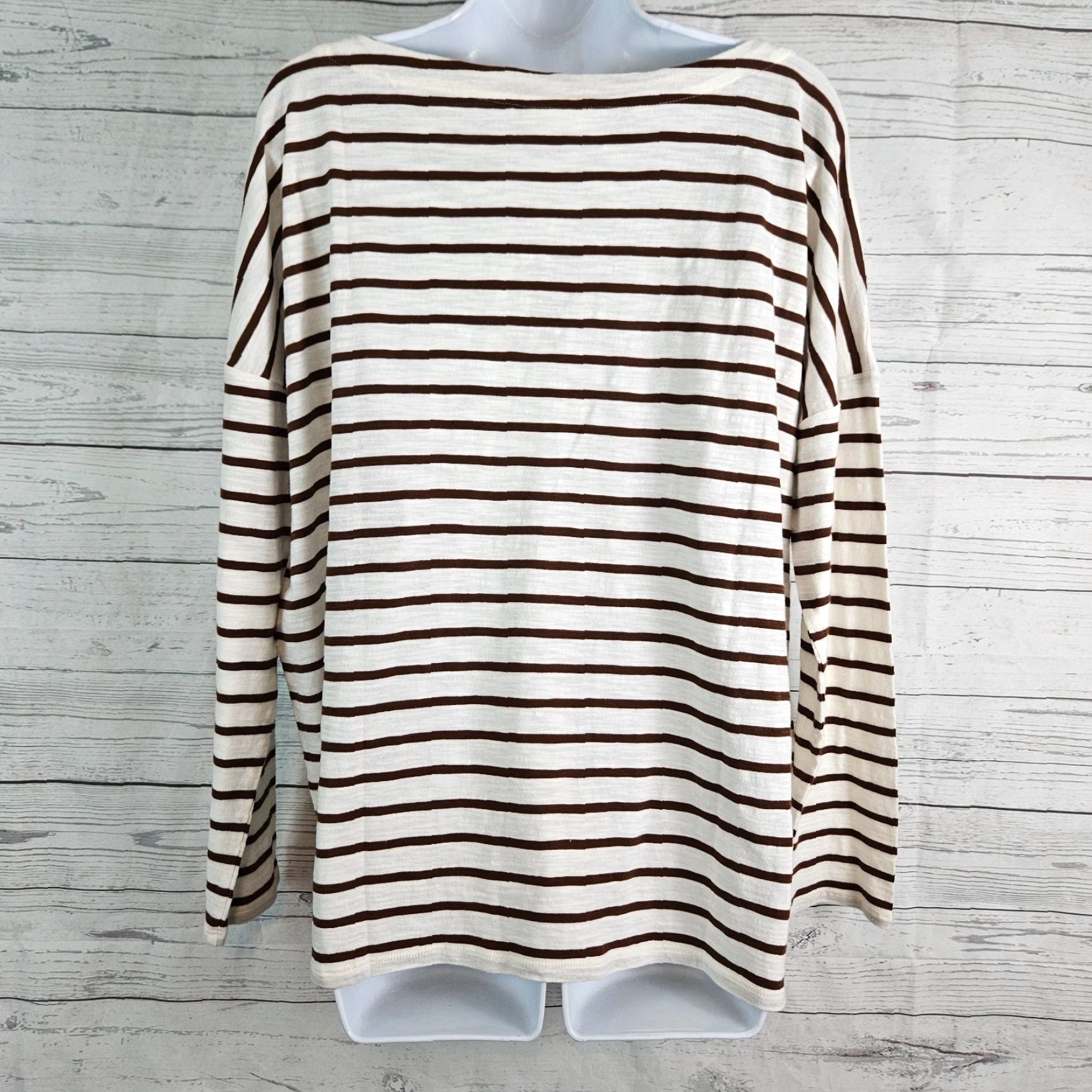 J. Jill Blouse Shirt Womens Large L Striped Cotton Nutmeg Cream Long Sleeve Buttonless Pullover Historical Style: Basic New with Tags