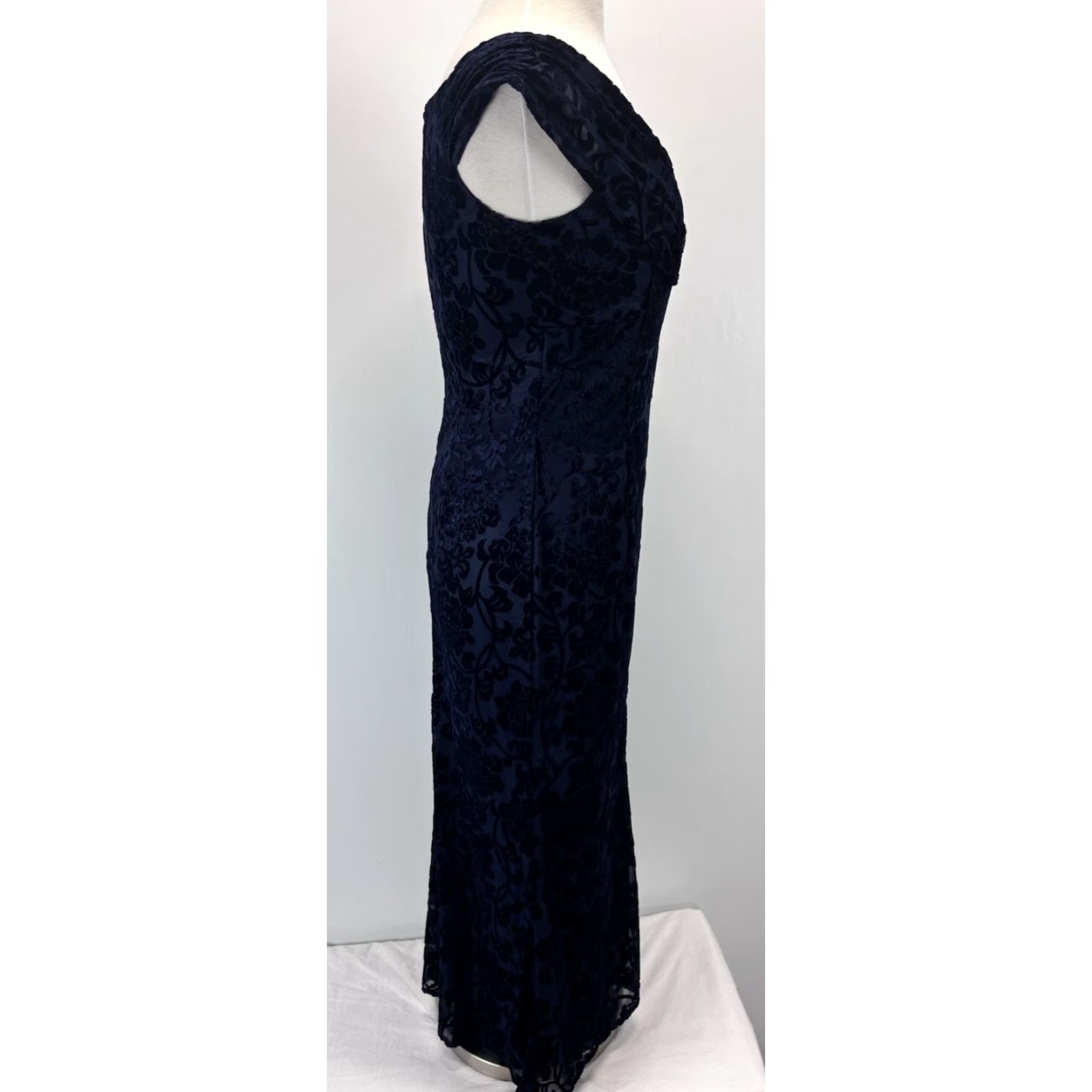 VINTAGE Jessica McClintock Velvet Burnout Maxi Gown Dress Sz 6 Women Floral  Off the Shoulder Navy