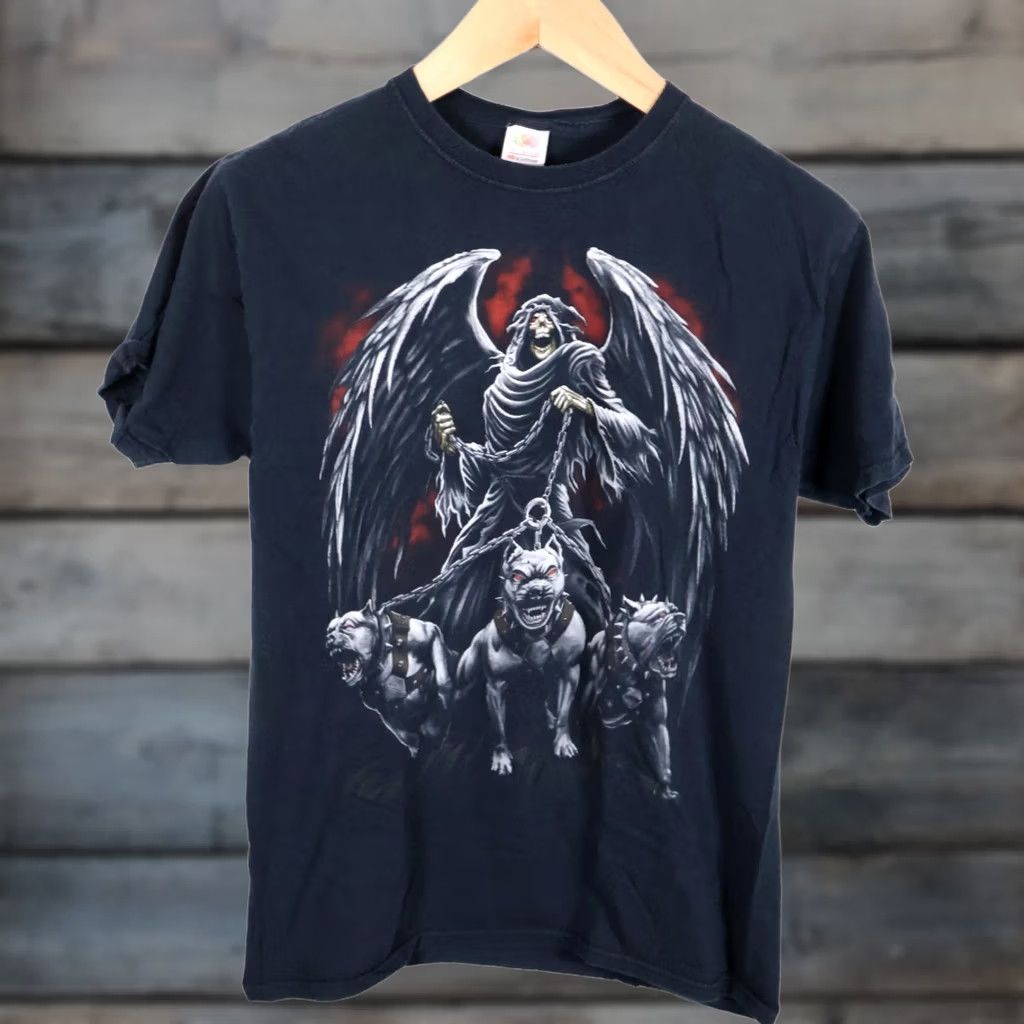 Fruit Of The Loom Grim Reaper Rottweiler T-Shirt Men's Small Black Skull Dogs Y2K Gothic (M Tag) Size US S / EU 44-46 / 1 - 1 Thumbnail