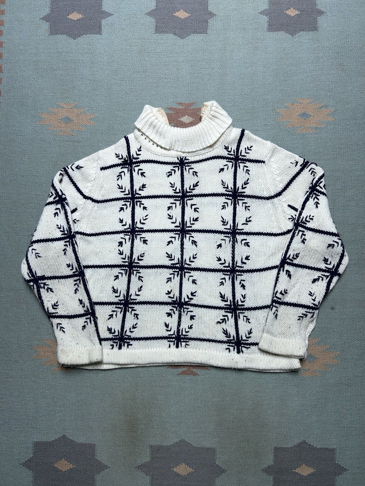 Vintage 70s acrylic knit sweater hand loomed snowflake windowpane L Size US L / EU 52-54 / 3 - 8 Thumbnail