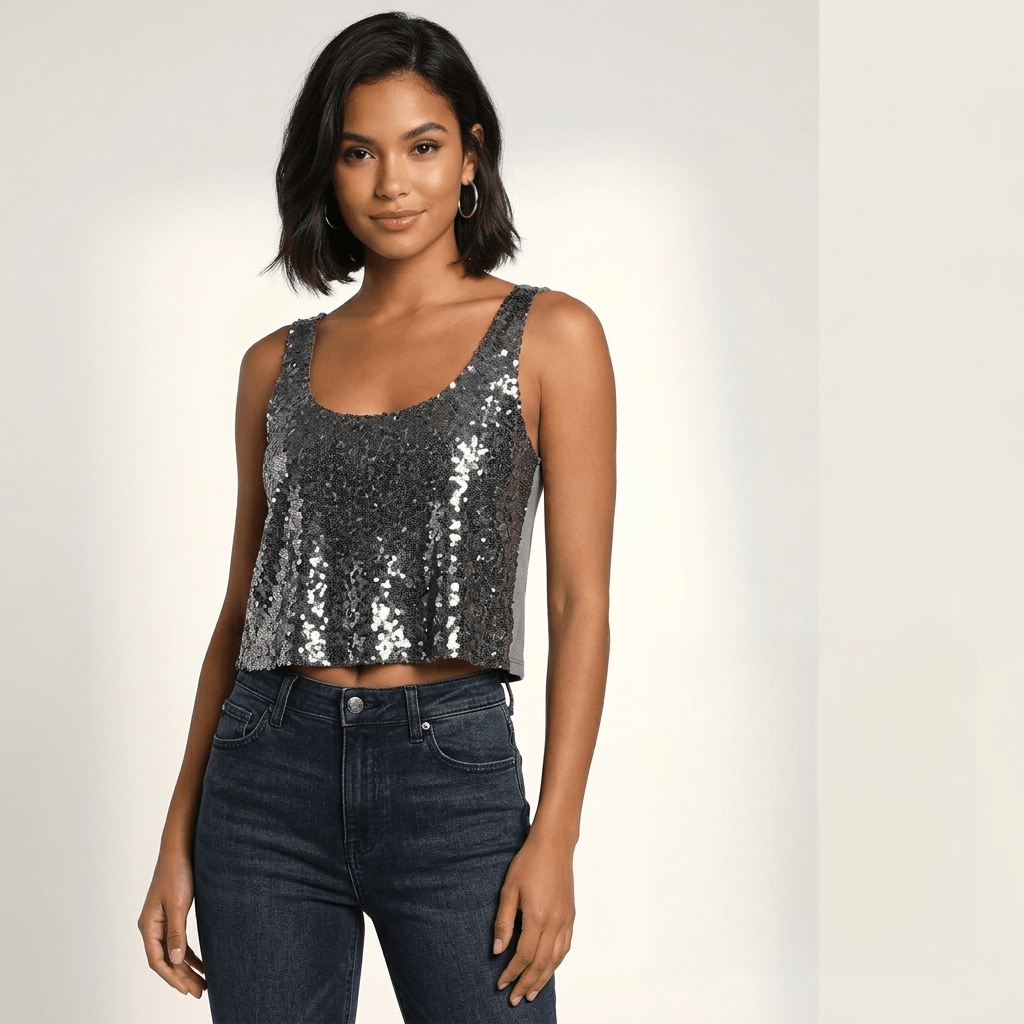 Guess Guess Size M Tank Top Silver Sequin Crop Cami Grey Jersey Size M / US 6-8 / IT 42-44 - 2 Thumbnail