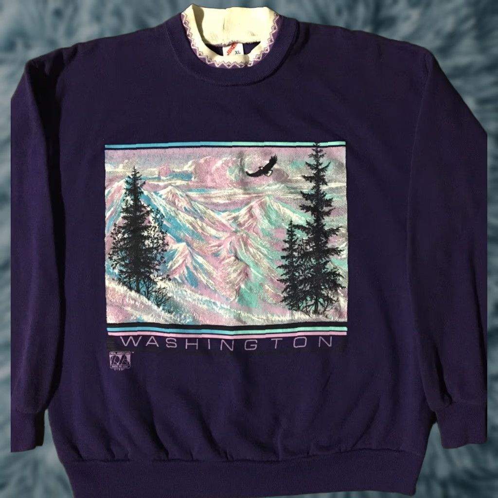 Jerzees VINTAGE Washington Nature Sweatshirt XL USA Art Painting Vaporwave Grunge 90s 80s Tyler Jerzees Mens Purple Pullover Striped Pattern Size US XL / EU 56 / 4 - 1 Thumbnail
