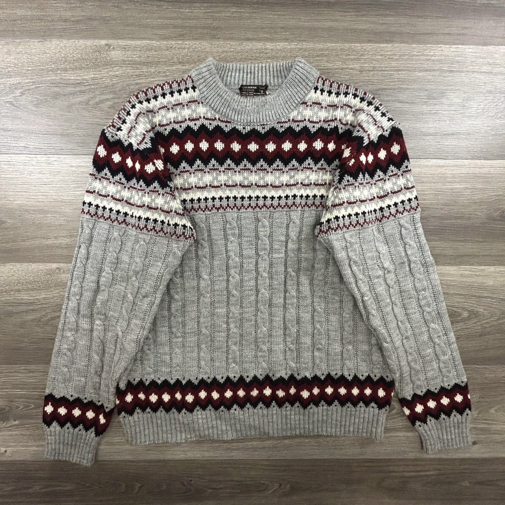 Penn VINTAGE J. C. Penney Sweater Mens XL Gray Fair Isle Cable-Knit Pullover Size US XL / EU 56 / 4 - 2 Thumbnail