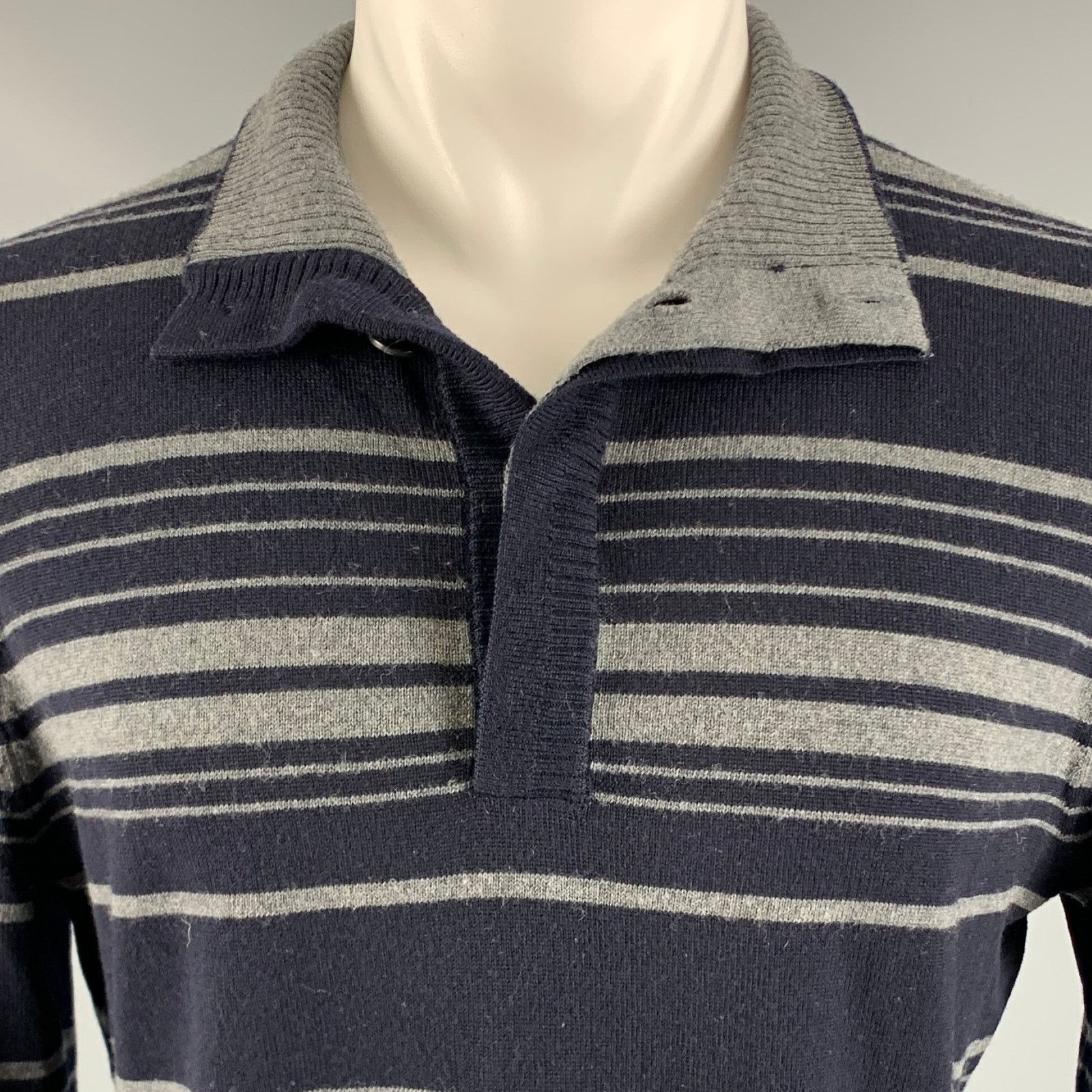 Elie Tahari M Navy Grey Stripe Merino Wool Long Sleeve Pullover Size US M / EU 48-50 / 2 - 2 Thumbnail