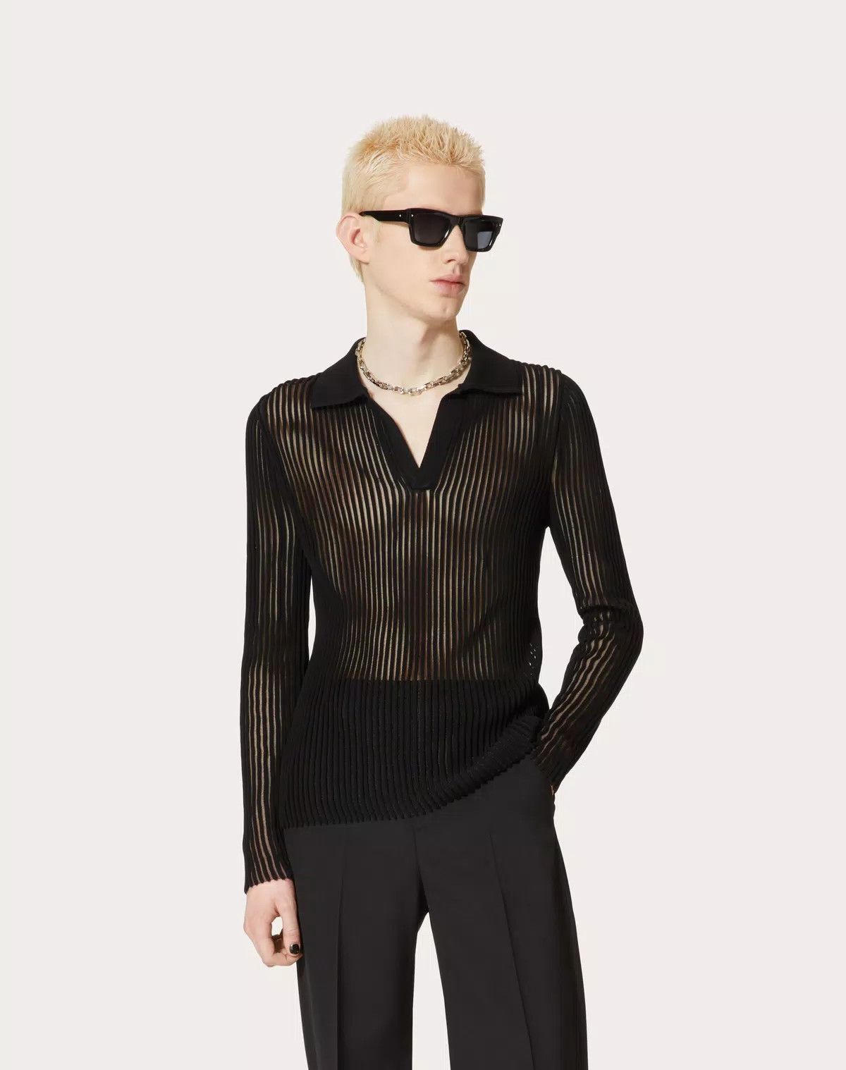 Valentino oc11z0625 Cotton Knit Long Sleeve Polo Shirt in Black Size US XL / EU 56 / 4 - 3 Thumbnail