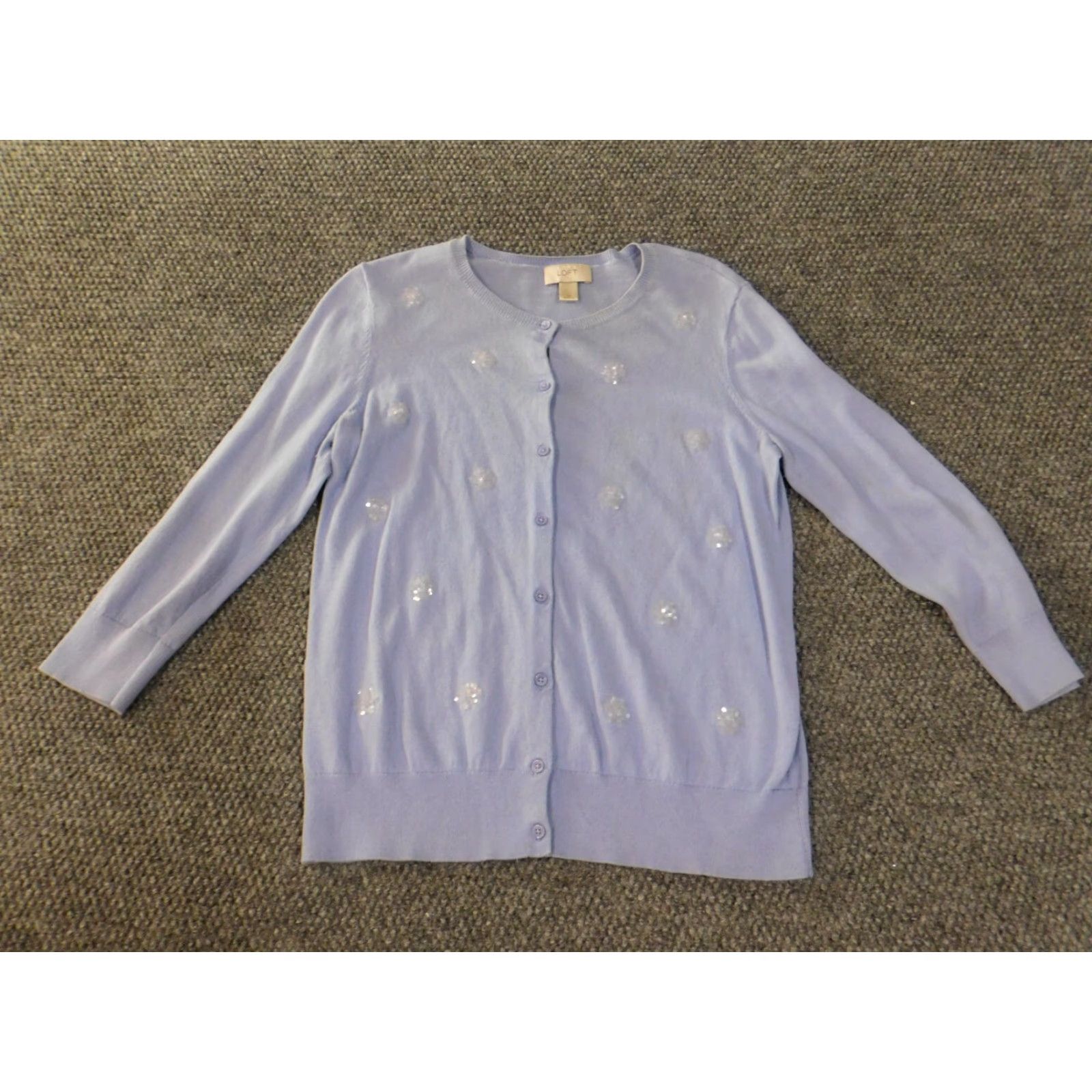 Loft LOFT Cardigan Sweater Medium Women Blue Beaded Embroidered Rib Knit Pullover Round Neck Casual Regular M Knit Cotton Size M / US 6-8 / IT 42-44 - 2 Thumbnail