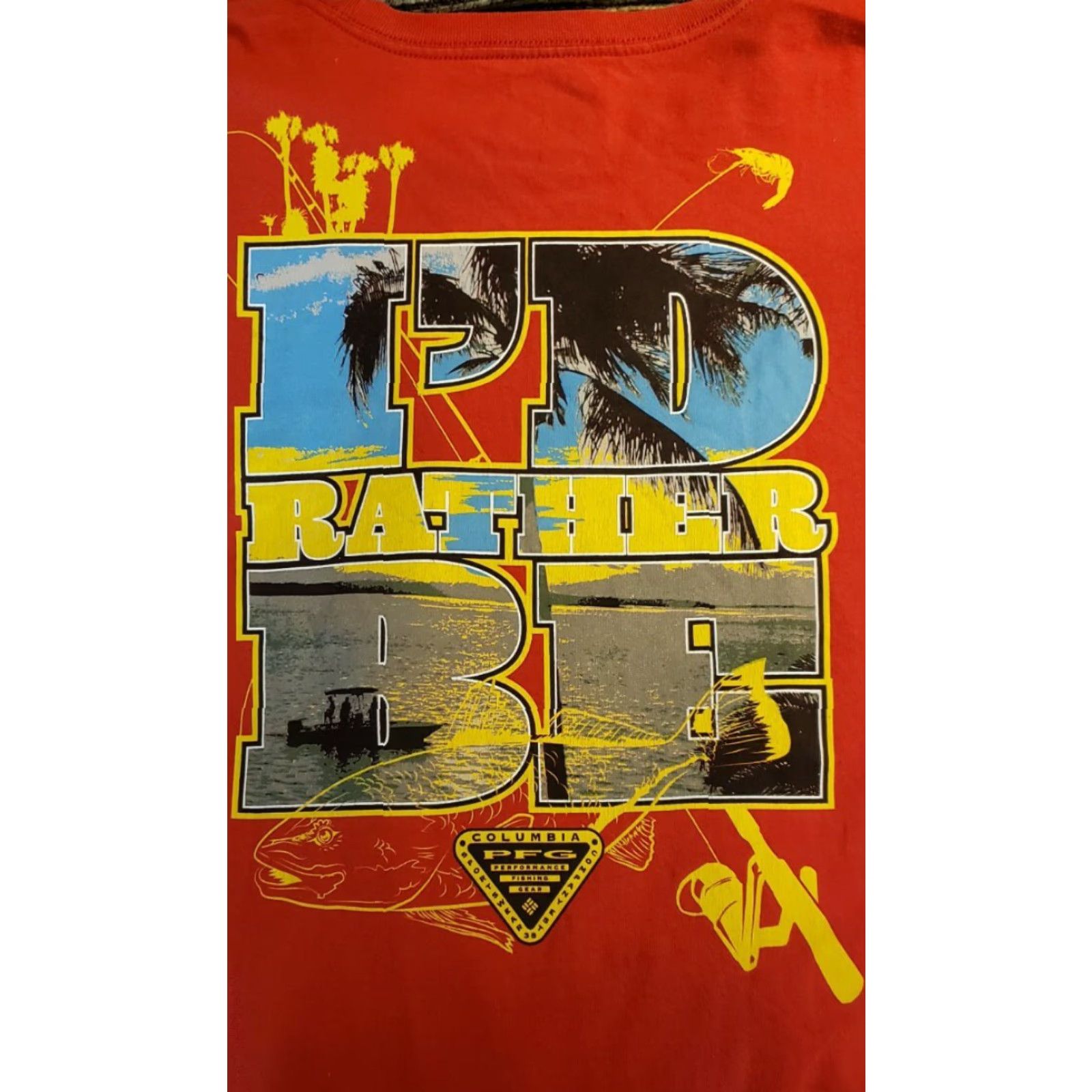 Vintage Columbia PFG Men's Red T-Shirt XLT Long Tail "I'd Rather Be Redfishing" Short Sleeve Crew Neck Cotton Knit 100% Cotton Shirt Mens Size US XL / EU 56 / 4 - 7 Thumbnail