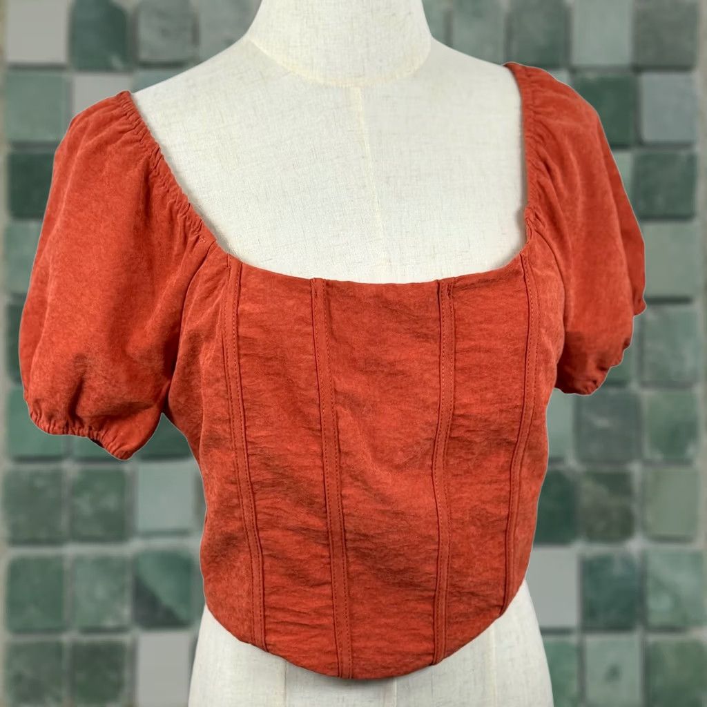 Vintage Kiri ous L Corset Crop Top Puff Sleeve Smocked Back Milkmaid Prairie Renaissance Orange XS? Size L / US 10 / IT 46 - 1 Thumbnail