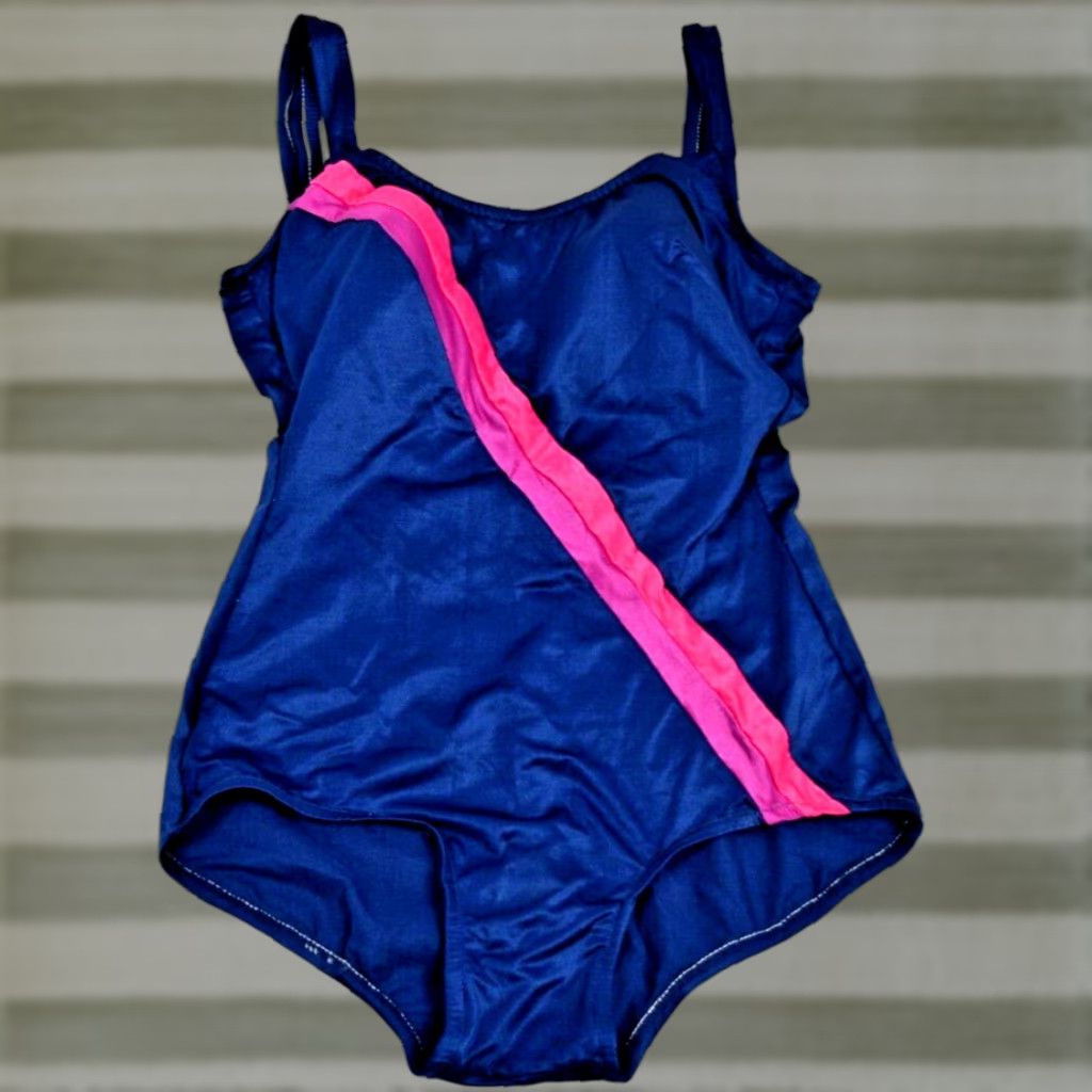Vintage 70s Swimsuit Size 12 Blue Pink Stripe Full Coverage Made USA