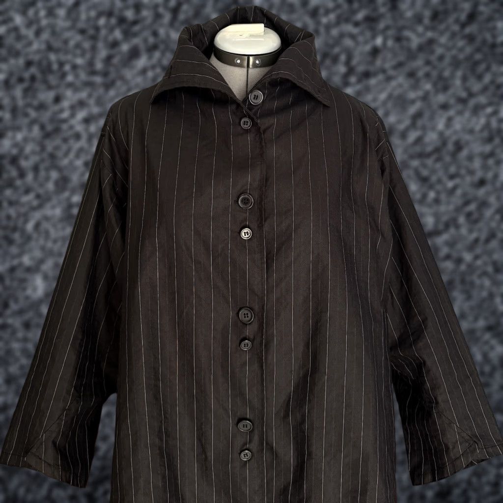VINTAGE Blanque Jacket Sliver Metallic Pinstriped Cotton Blend Lagenlook Size 1 Women Button Front Pockets Oversized Black Autumn Spring Summer Winter