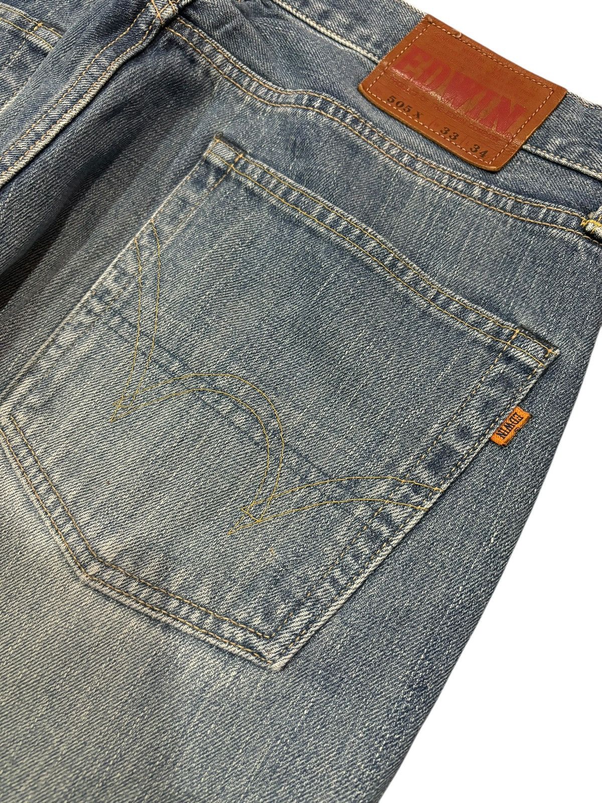 Edwin × Self Edge 90s Vtg Edwin 505 Selvedge Orange Tag Distressed Faded Jeans Size US 33 - 9 Thumbnail