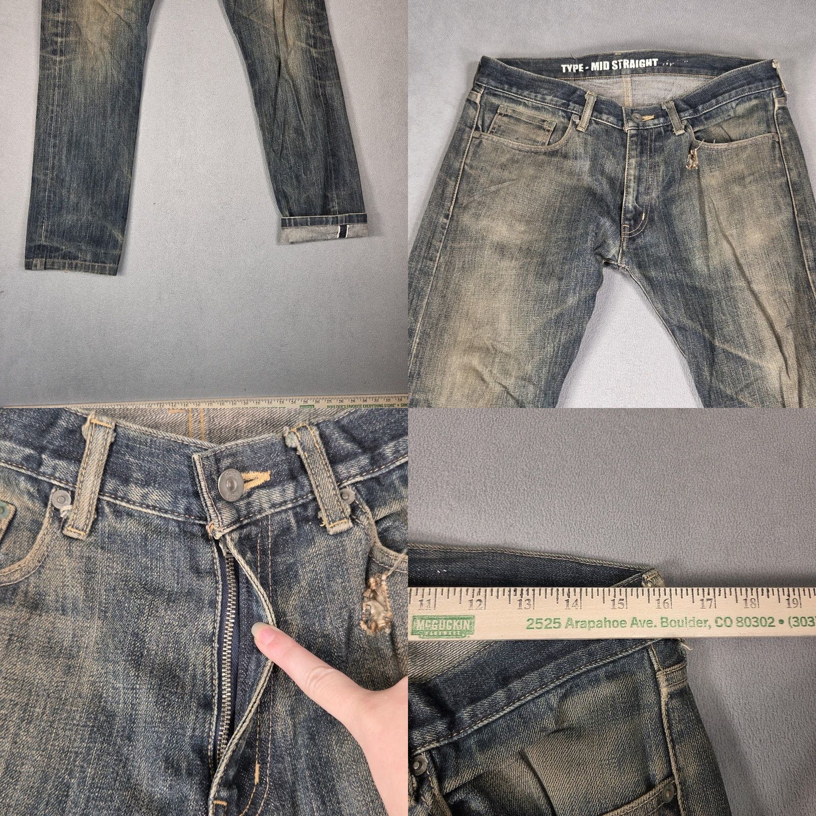 Neighborhood Neighborhood Jeans Mens Selvedge Whiskers Honeycomb Tracks Straight Fits 32x28 Denim Cotton Zip Pockets Blue 5579 Size US 32 / EU 48 - 8 Thumbnail
