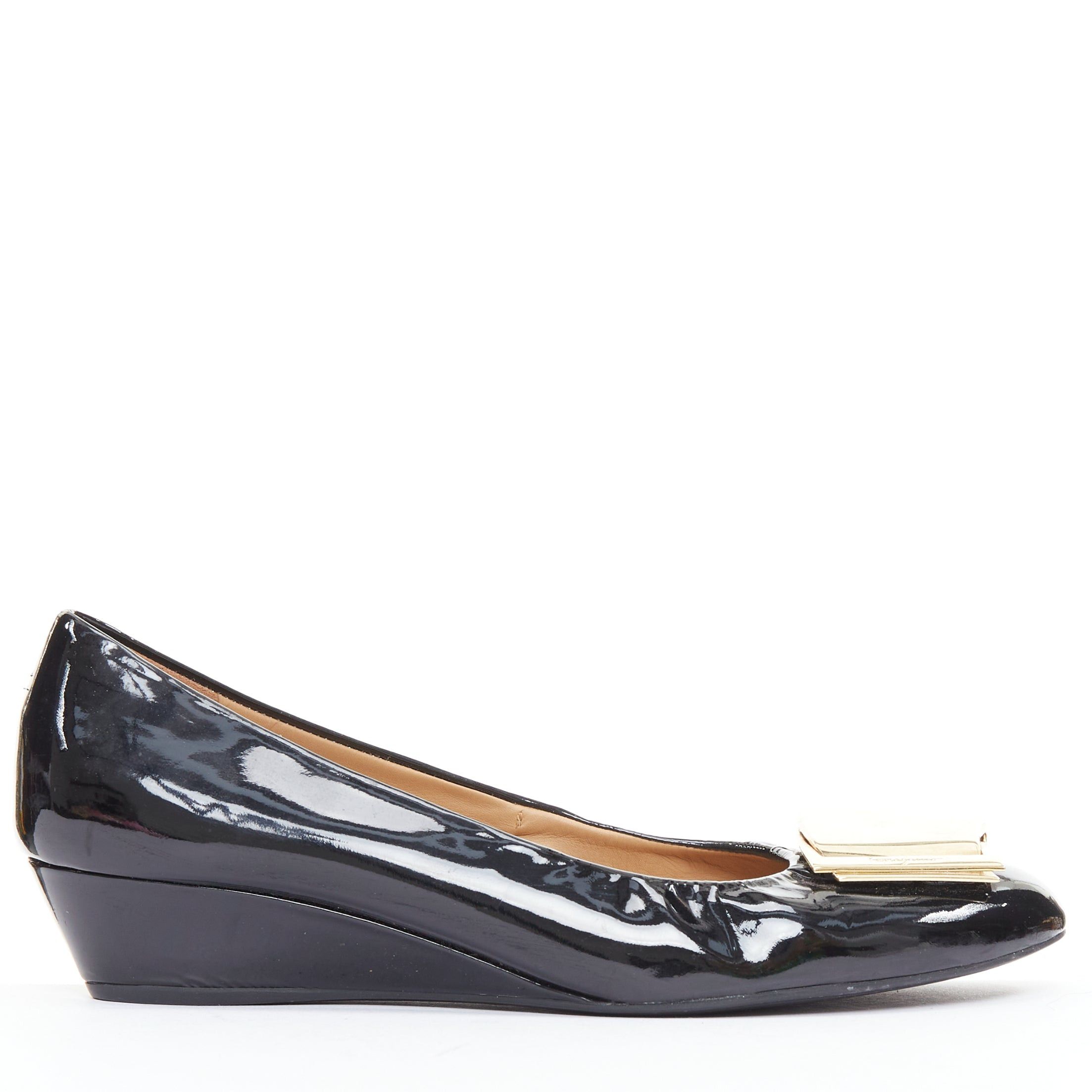 Salvatore Ferragamo SALVATORE FERRAGAMO gold big buckle black patent leather wedges 6.5 Size US 6.5 / IT 36.5 - 1 Thumbnail