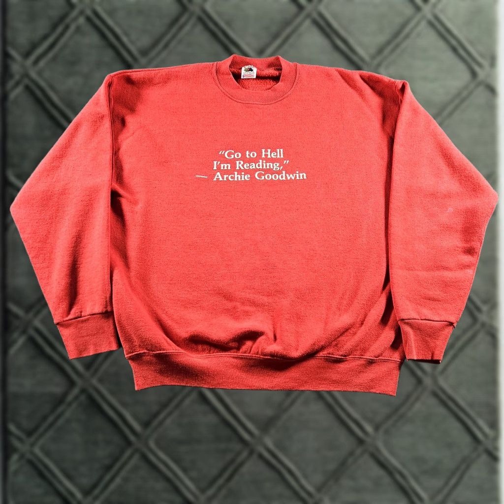Fruit Of The Loom VINTAGE Fruit Of The Loom Sweatshirt Mens XL Red Archie Goodwin Book Quote 90s Size US XL / EU 56 / 4 - 1 Thumbnail