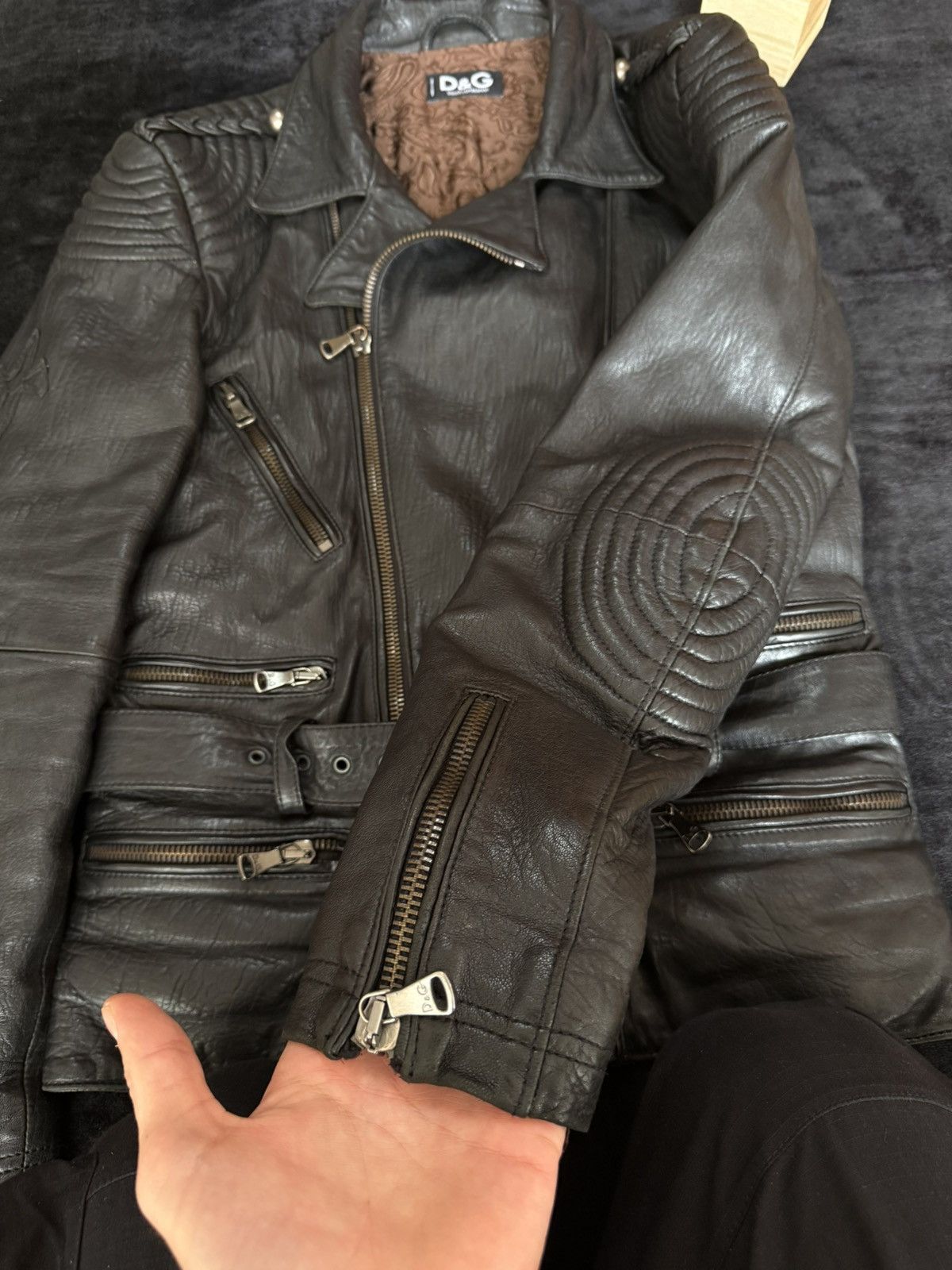D&G Dolce & Gabbana Leather Biker Jacket – Black – Size L
