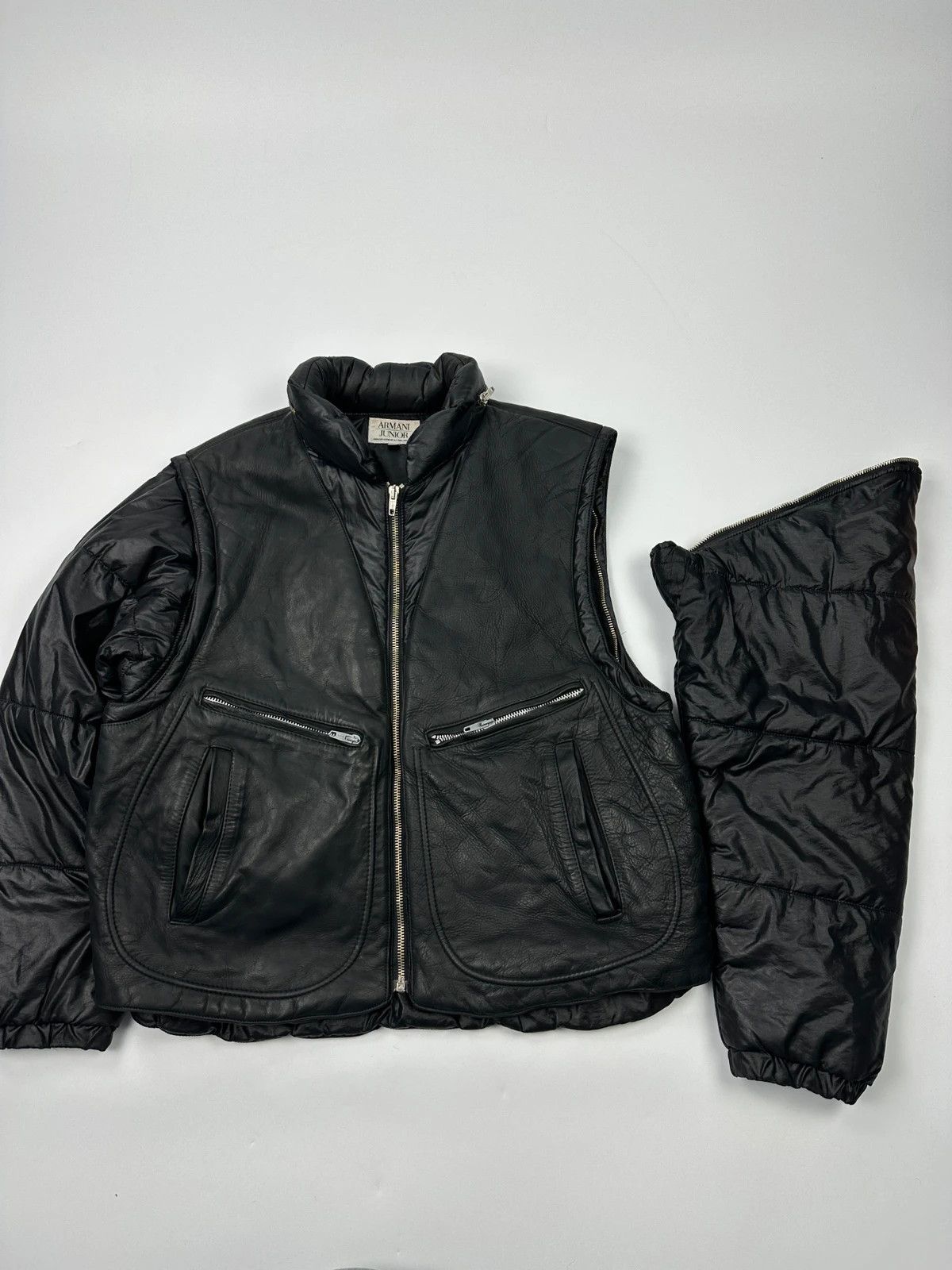 Armani Armani 90’s Black Leather & Nylon Puffer Bomber Jacket Size US M / EU 48-50 / 2 - 7 Thumbnail
