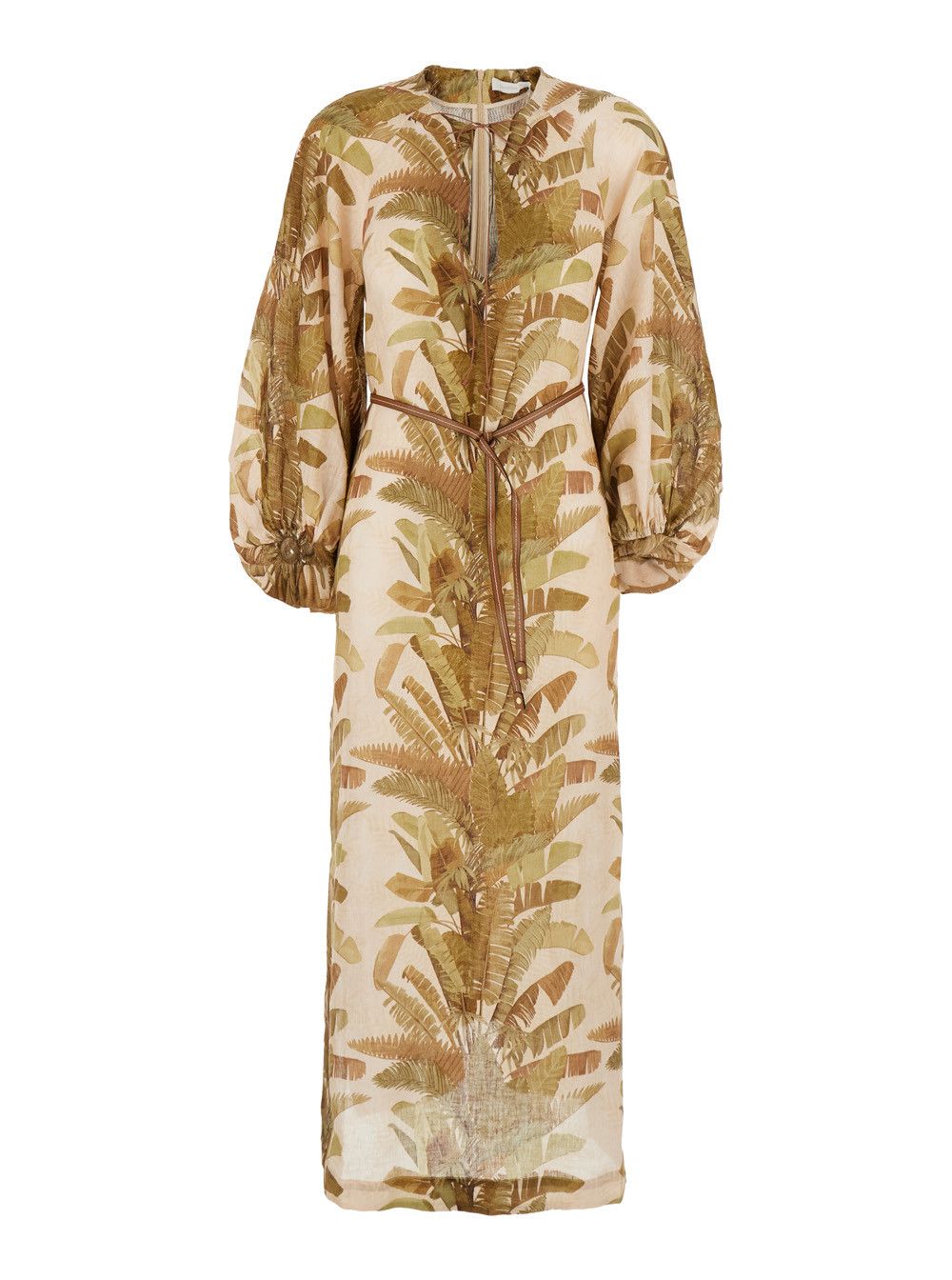'Ascension' Brown Dress with Puffed Sleeves and All-Over Palm Print in Linen Woman