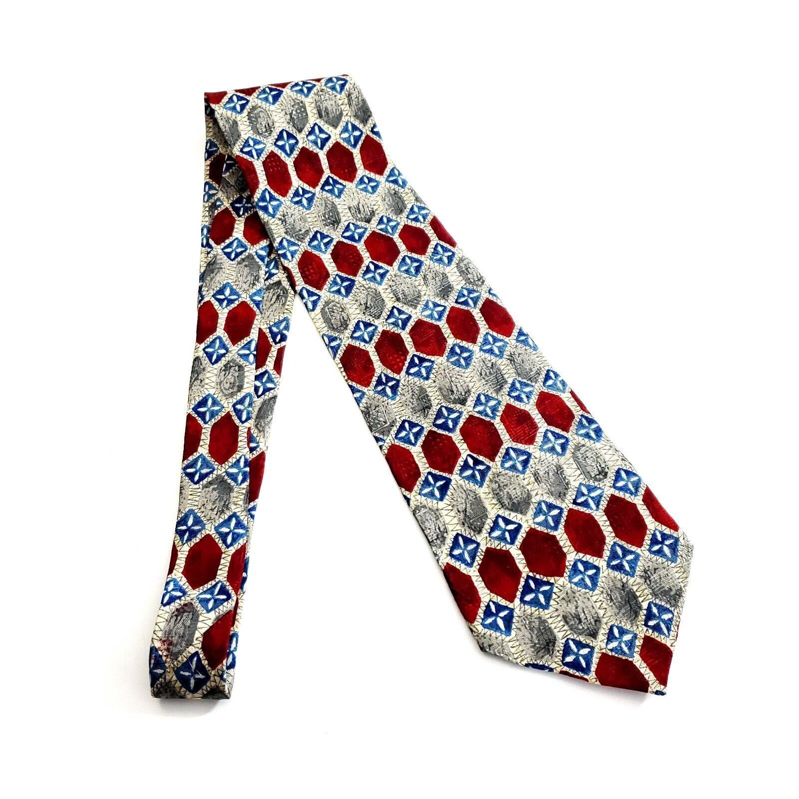 Designer Preswick & Moore Tan Red Blue Geometric Print Wide Silk Tie Size ONE SIZE - 5 Thumbnail