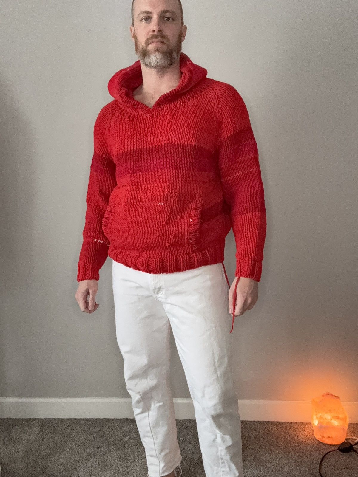 Other Reclaimed T-Shirt Yarn Hand Knit Hooded Sweater Size US XL / EU 56 / 4 - 1 Thumbnail