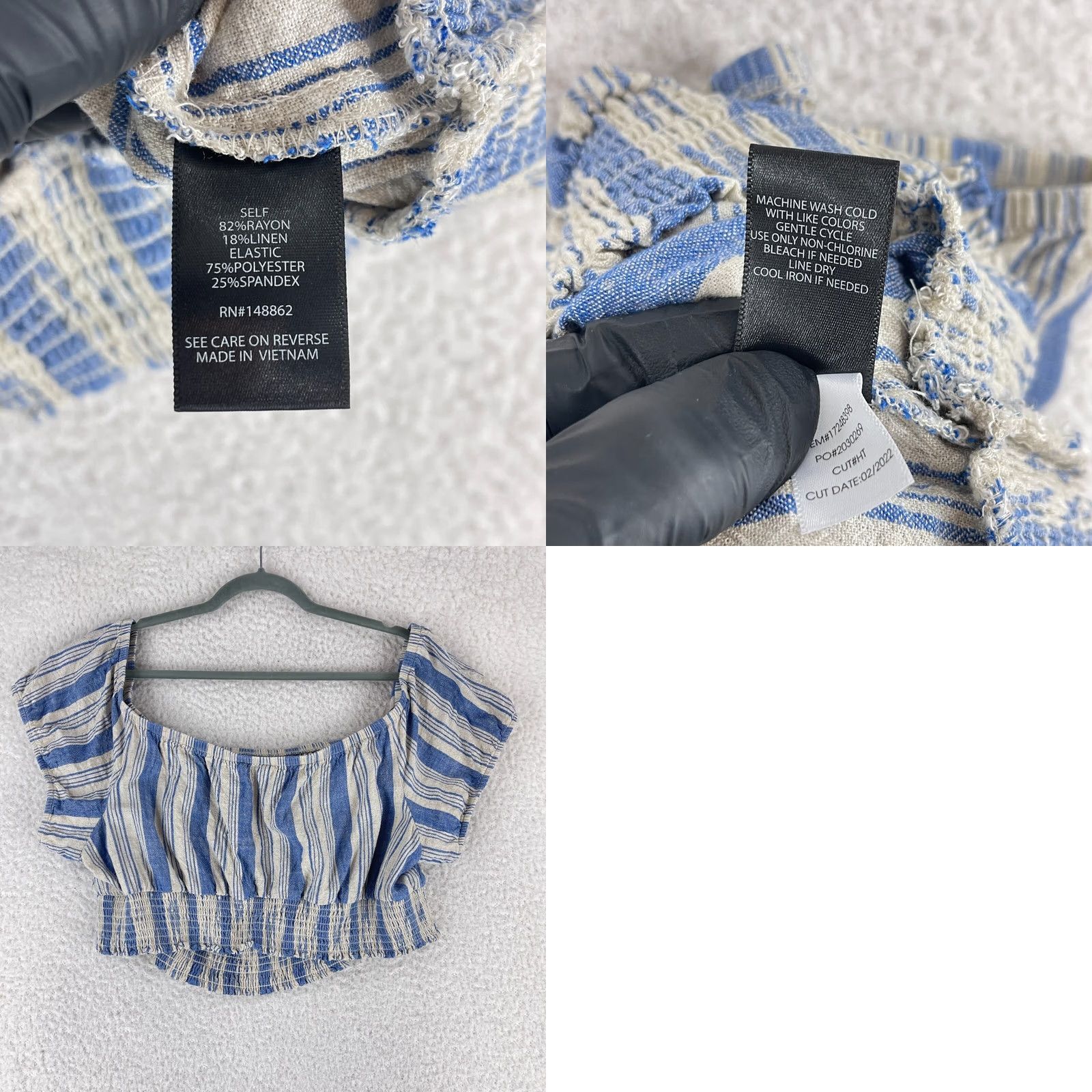 Torrid Torrid Blue Stripe Off Shoulder Crop Shirt 3X Womens Plus Size Smocked Waist Linen Blend Pullover Short Sleeve Top Size XXL / US 16-18 / IT 52-54 - 8 Thumbnail