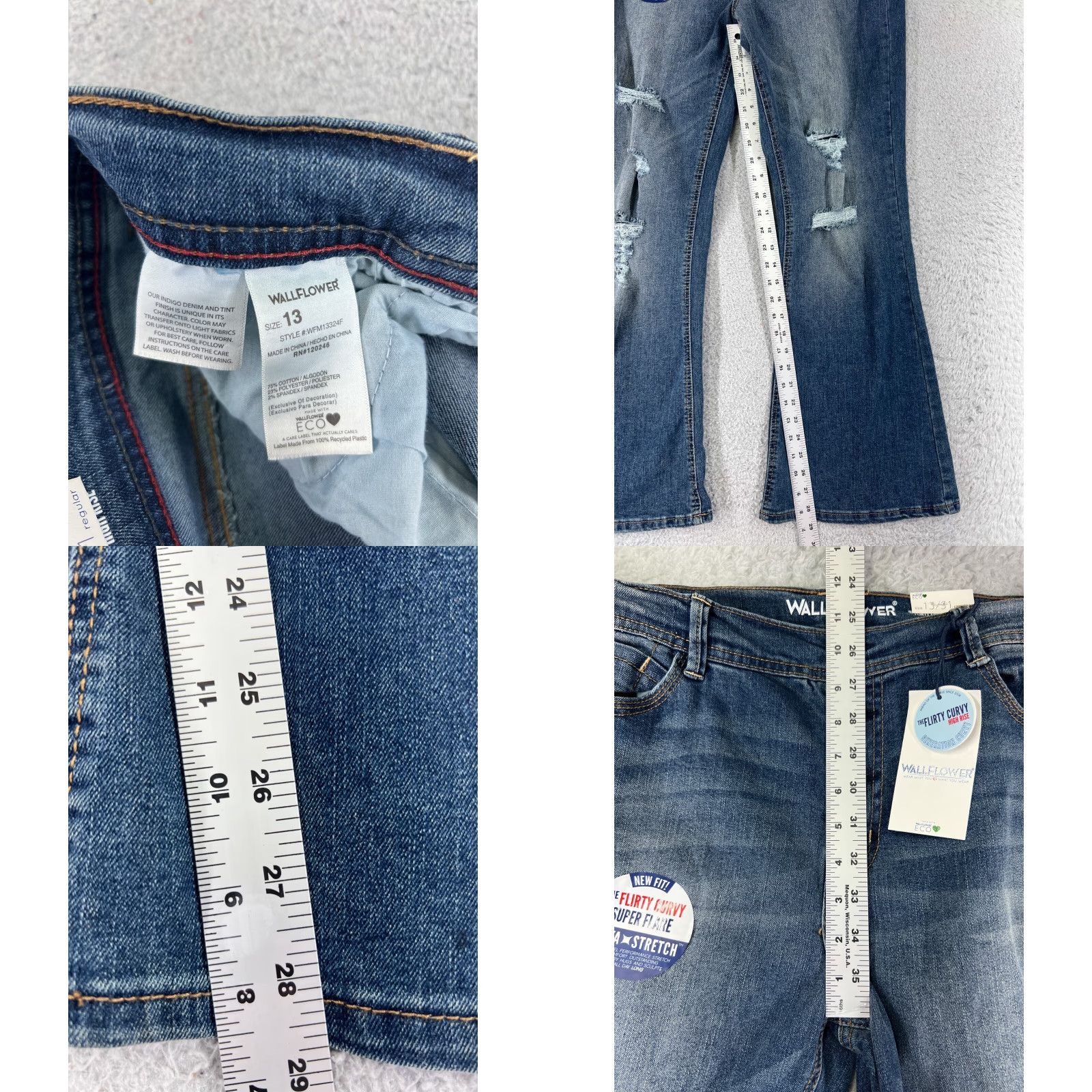 Vintage VINTAGE Wallflower Jeans Women's Flared Denim Pants 13 Blue Distressed Stretch 70s Boho Girls Size 34" / US 12 / IT 48 - 8 Thumbnail