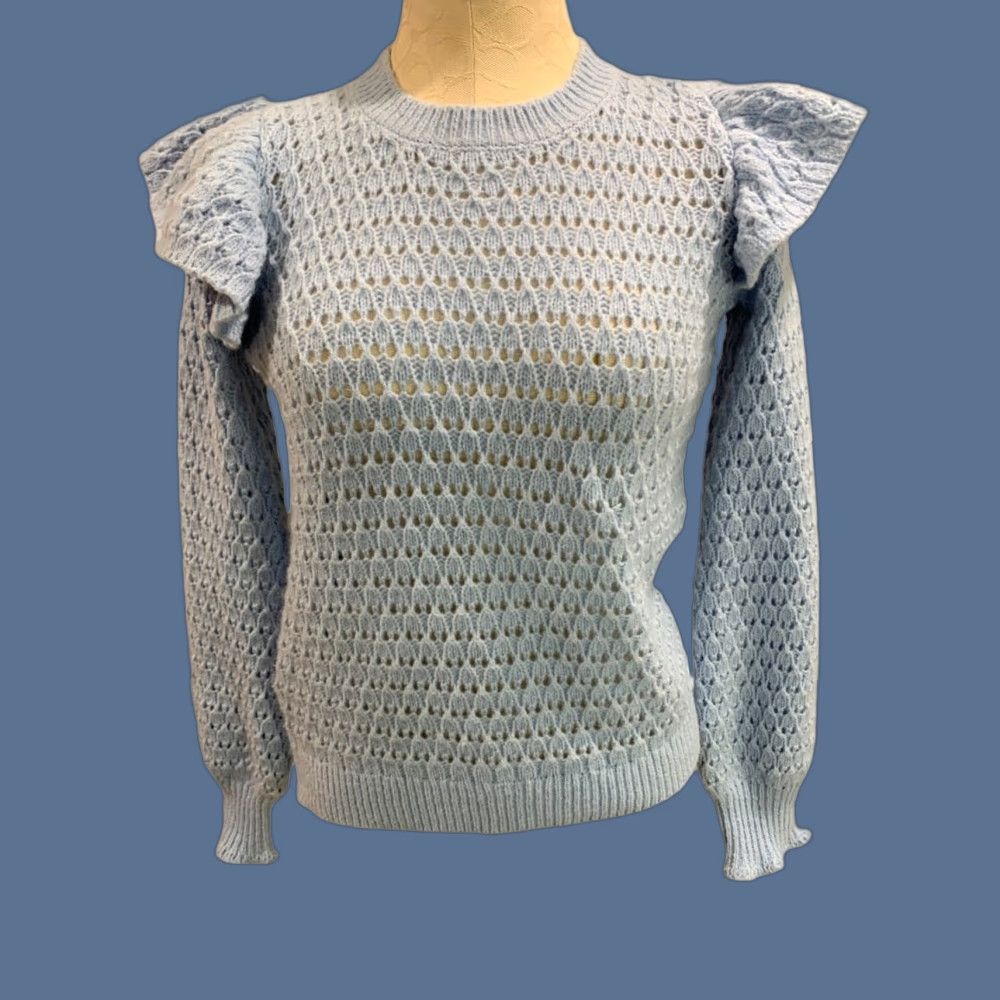 Loft VINTAGE Loft XS Womens Blue Open Weave Sweater Ruffle Shoulder Pullover Size XS / US 0-2 / IT 36-38 - 1 Thumbnail