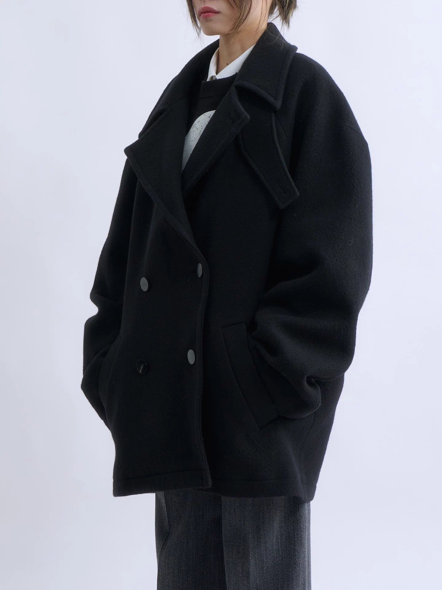Structure STRUCTURA Oversized Black DB Wool Peacoat Size M / US 6-8 / IT 42-44 - 3 Thumbnail
