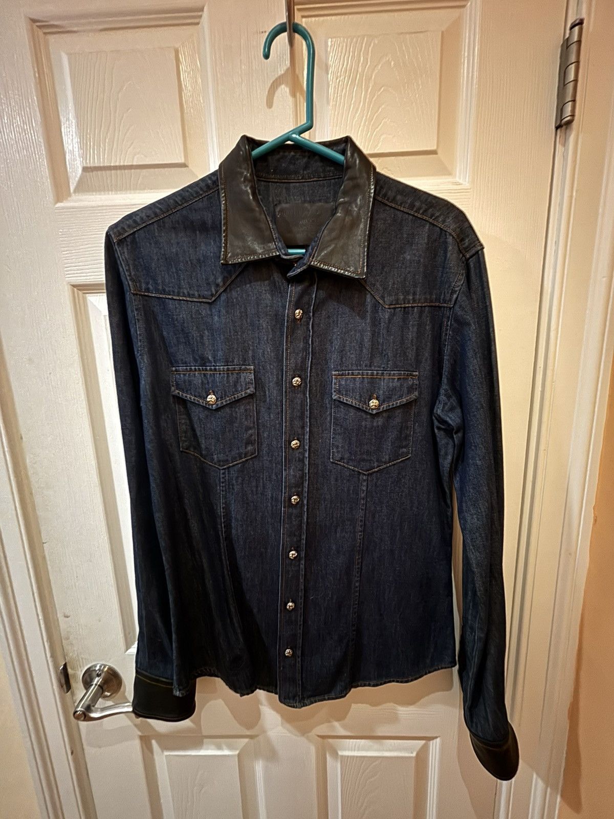 Philipp Plein Phillip Plein Denim Button Up Lamb Leather collar and cuffs Size US XL / EU 56 / 4 - 1 Thumbnail