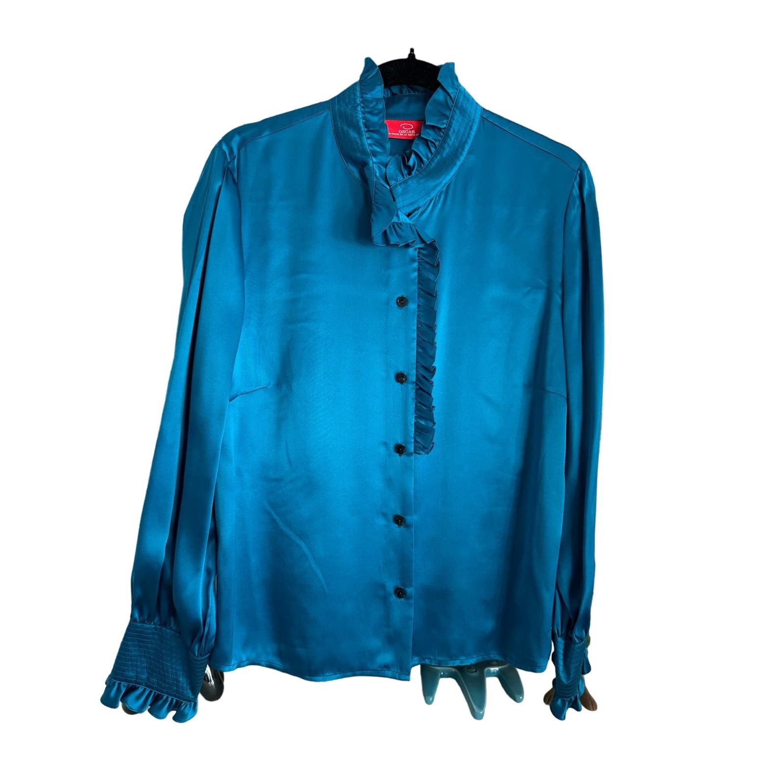 Image of 100% Silk Blue Oscar De La Renta Long Sleeve Ruffle Blouse, Women's (Size XL)