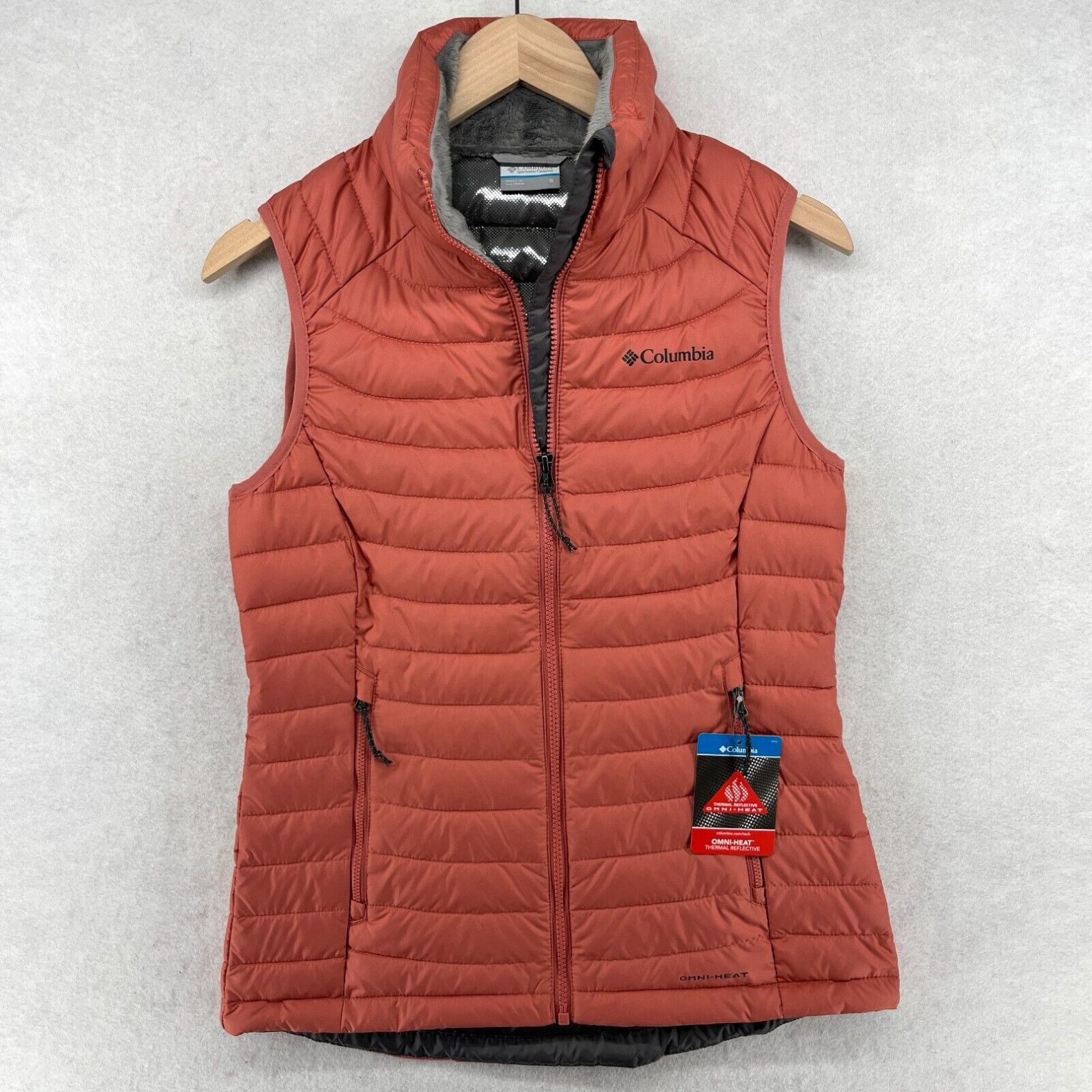 image of Vintage Columbia Vest Womens S White Out Puffer Omni Heat Sleeveless Jacket Orange New (Size Small)